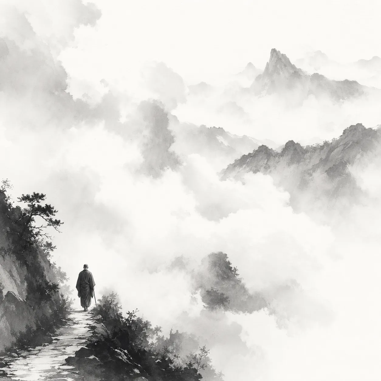 山中を歩く雲水と雲の水墨画